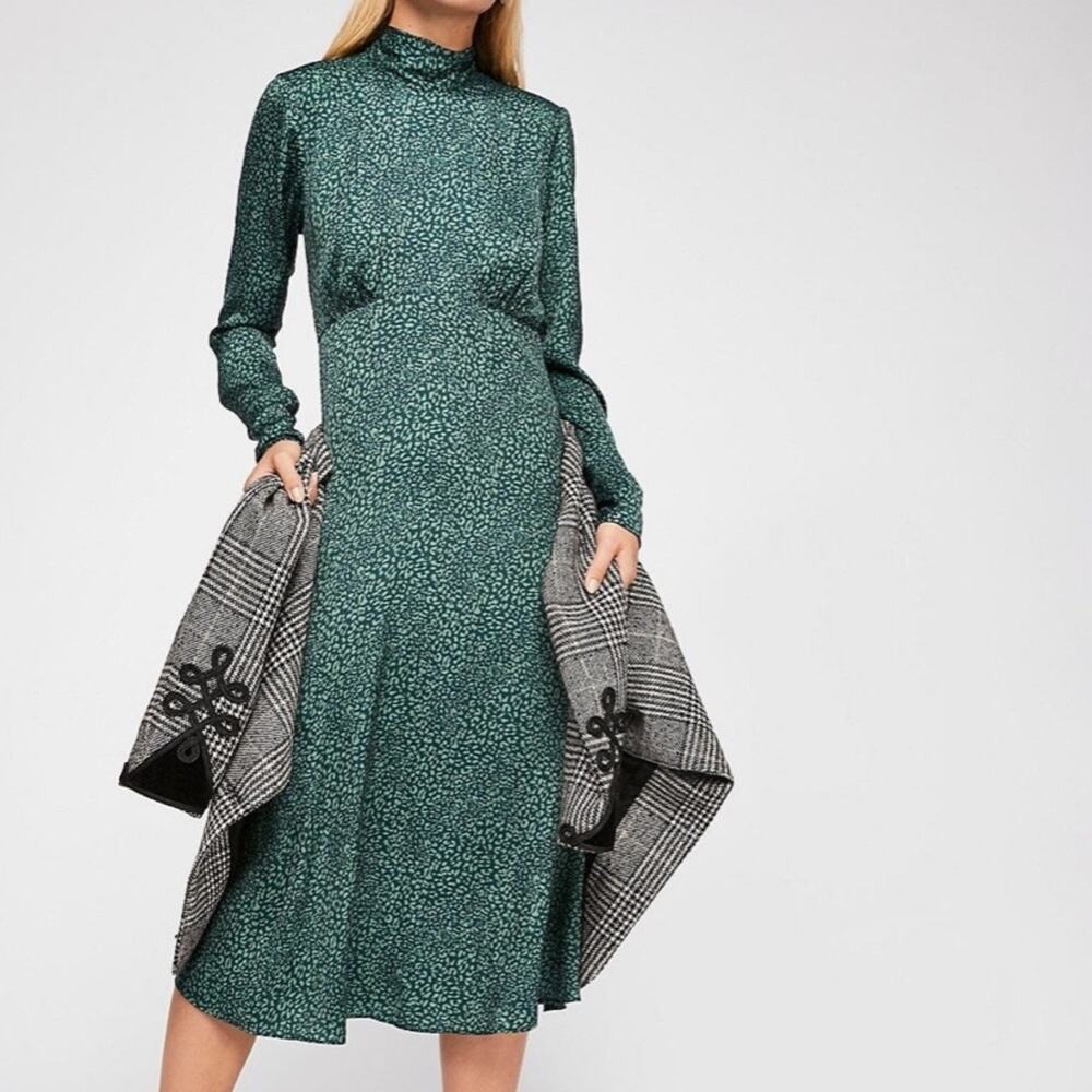 Free People Loveless Printed Satin Backless A Line Midi Dress Emerald Green Sz 2